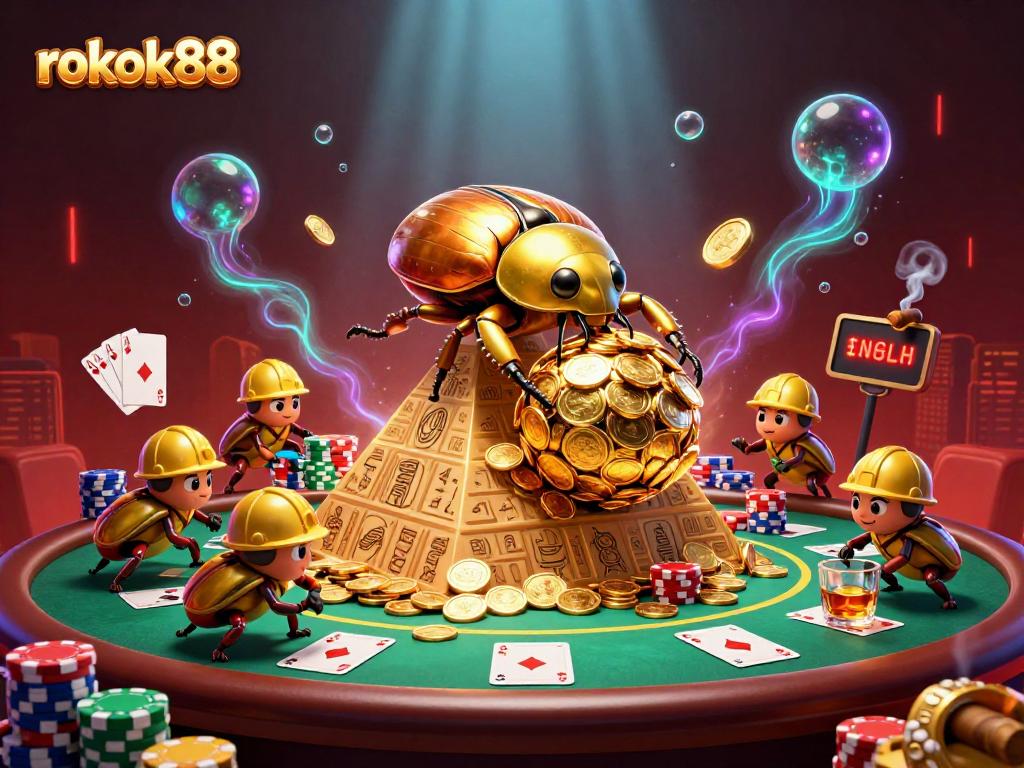 Experience thrilling gameplay with rokok88, depicted through a golden beetle pushing shiny coins in a vivid casino scene.