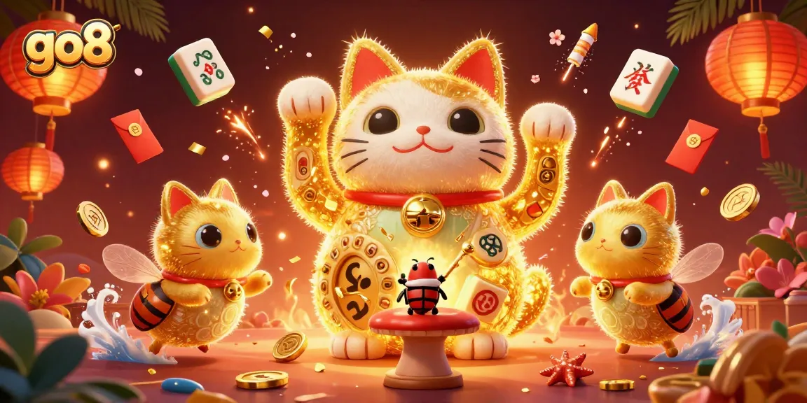 Play exciting games at go8 with joyful lucky cat and vibrant casino symbols surrounded by festive elements
