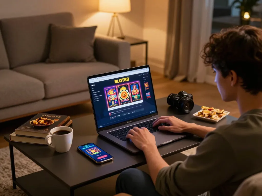 Berinteraksi dengan login SLOT88 di laptop di rumah, menggabungkan hiburan dan permainan daring strategis.