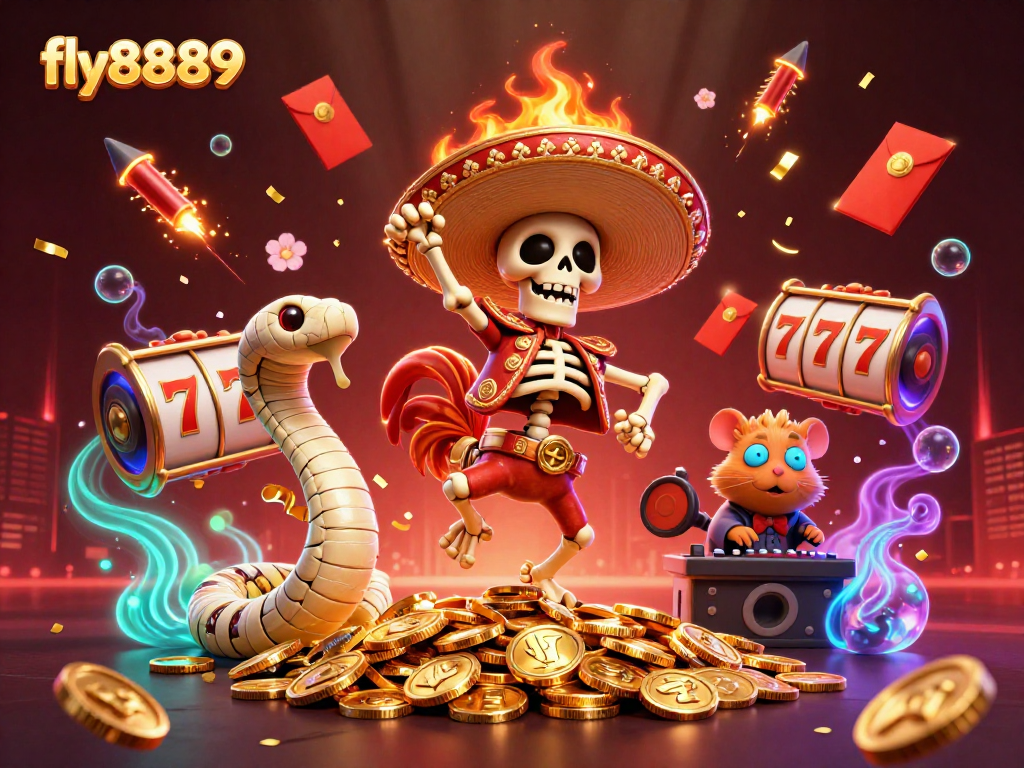 Experience thrilling wins at fly8889 with cartoon characters celebrating amidst vibrant gaming elements.