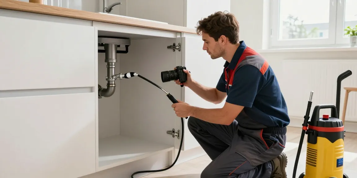 Ontstopping Antwerpen: professionele loodgieter inspecteert rioleringssysteem in keuken met camera en gereedschap.