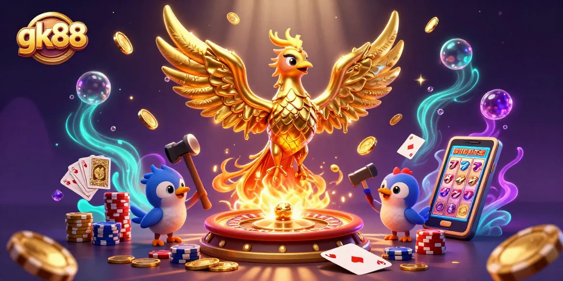Join the exciting gk88 casino scene with golden phoenix, coins, and vibrant game elements.