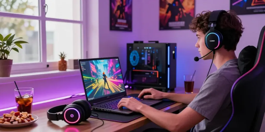 Engaged player in a digital gaming setup, showcasing rokok88 login on laptop with vibrant graphics, gaming headset, and snacks.