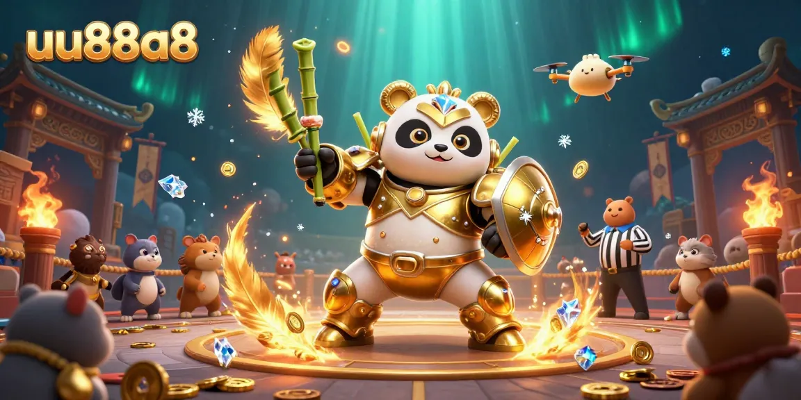 Engage in vibrant gameplay at uu88a8 featuring a golden panda in a dynamic mech-suit amidst a lively casino scene