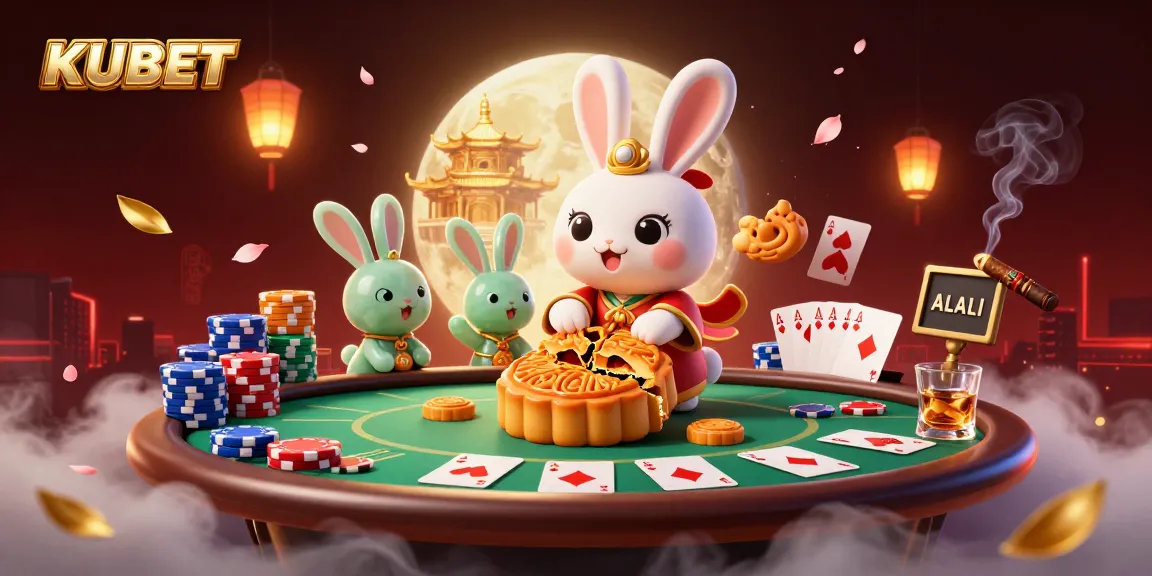 KUBET's moon rabbit character highlights an exciting poker scene, packed with vibrant casino elements.