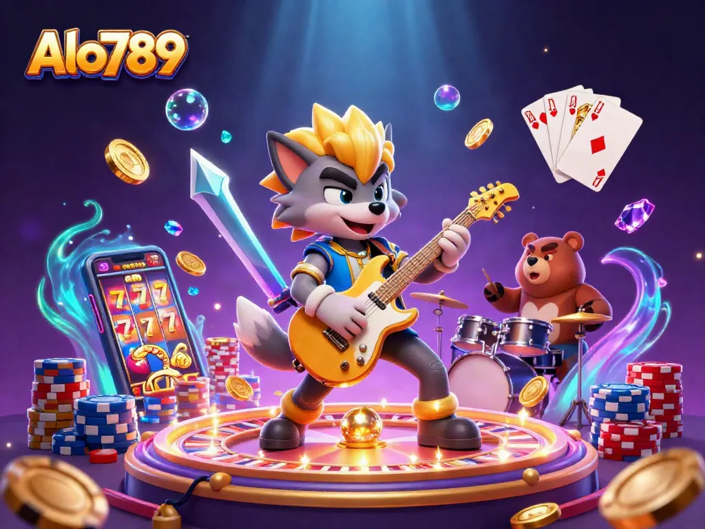 Alo789 captures exciting casino action with a rock star wolf and drummer in a vibrant gaming stage.