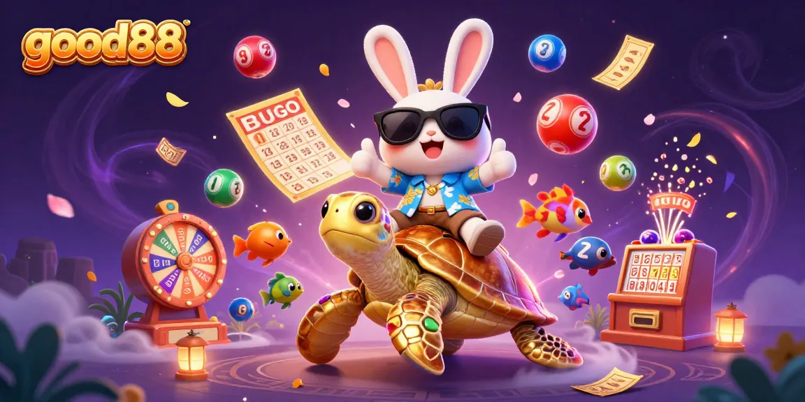 Good88 features a lucky cartoon rabbit and a golden turtle amidst colorful gambling elements.