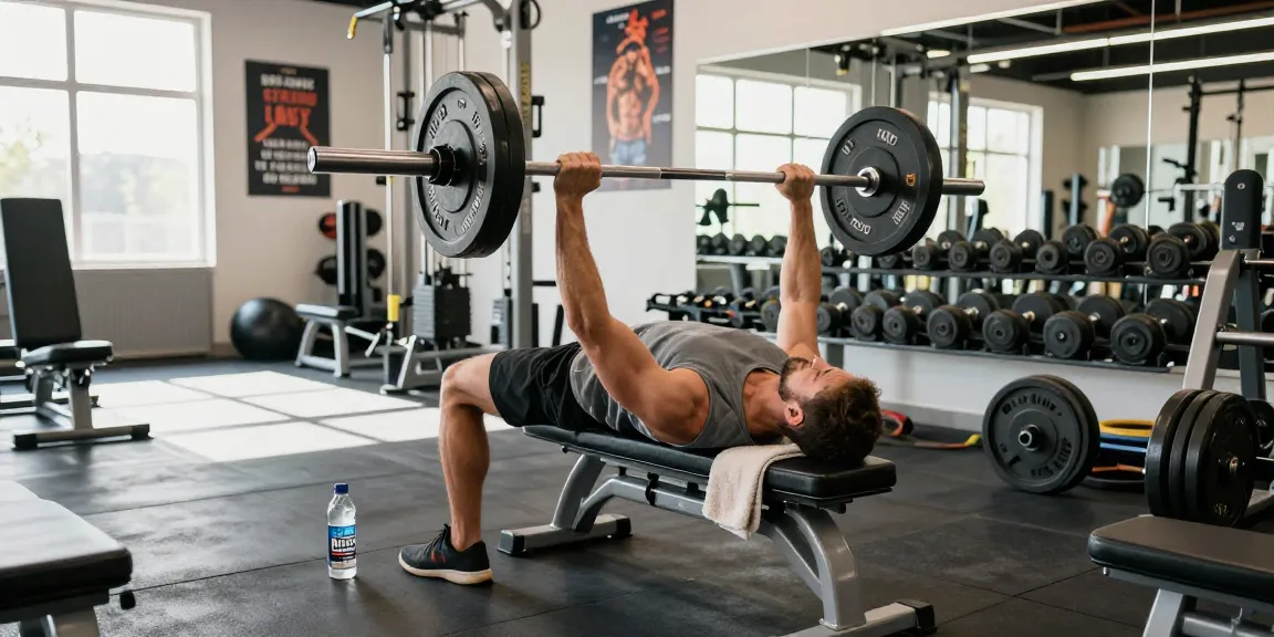 Prime Pharma Steroiden showcased in fitness gym with bodybuilder performing bench press exercise.