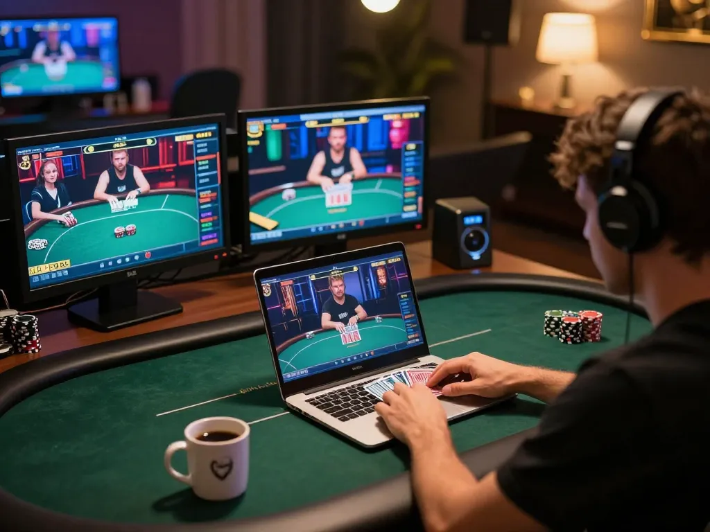 Say88 đăng nhập through an engaging online poker tournament setup, showcasing strategy, focus, and cozy atmosphere.