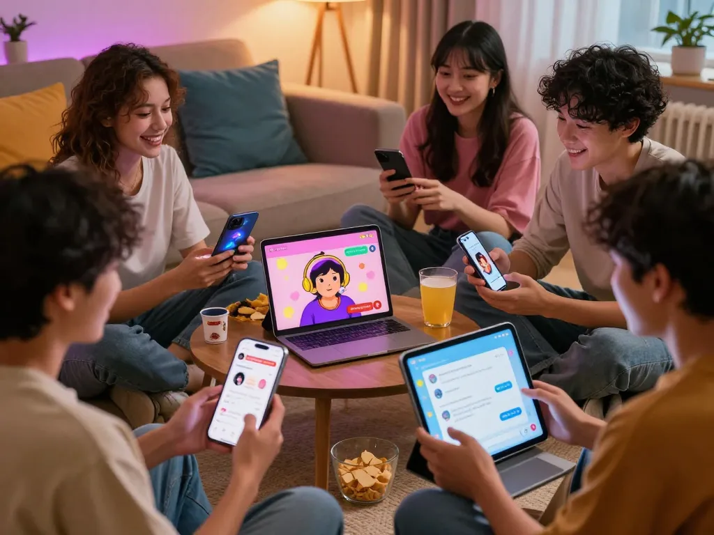 Young adults enjoying 18+ ai interactions in a cozy, vibrant setting