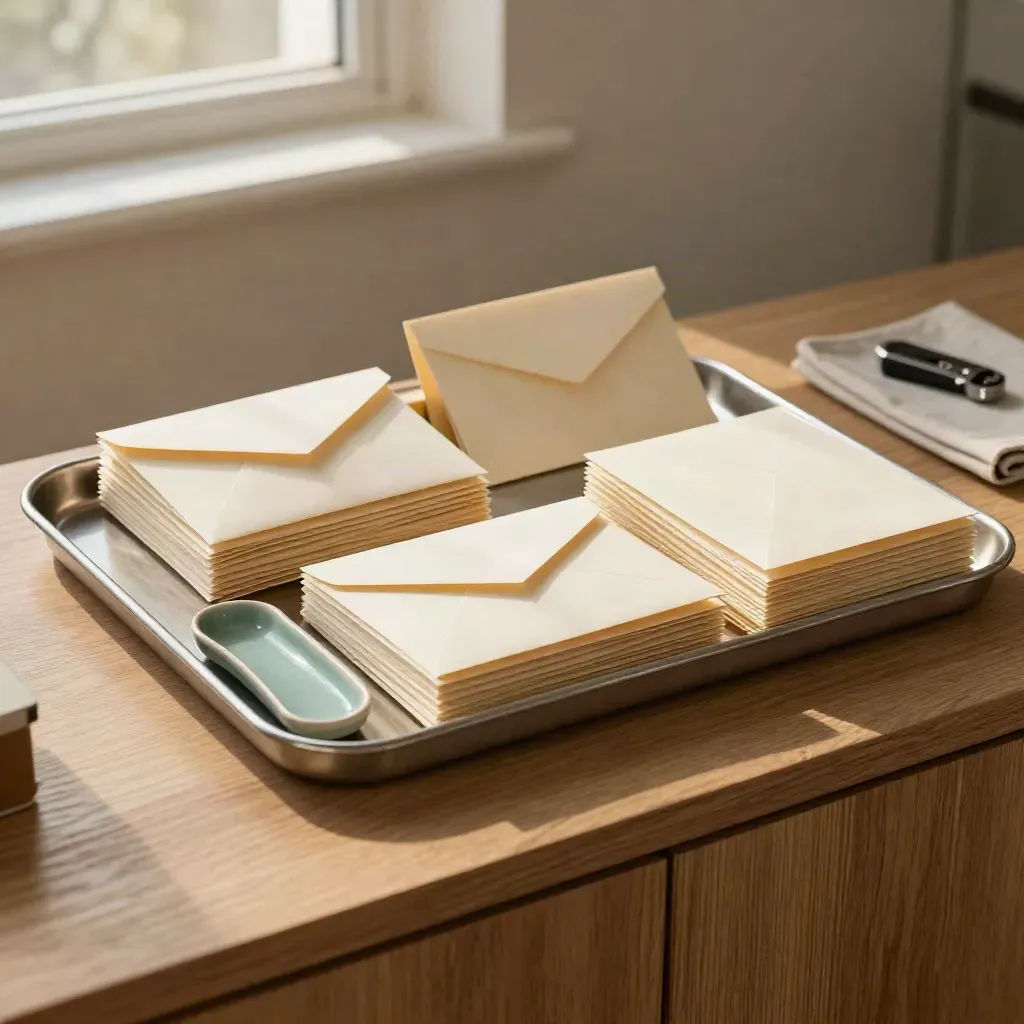 Drie metalen sorteerbakjes met post, een nette stapel en een teal keramisch schaaltje op een eiken sideboard.