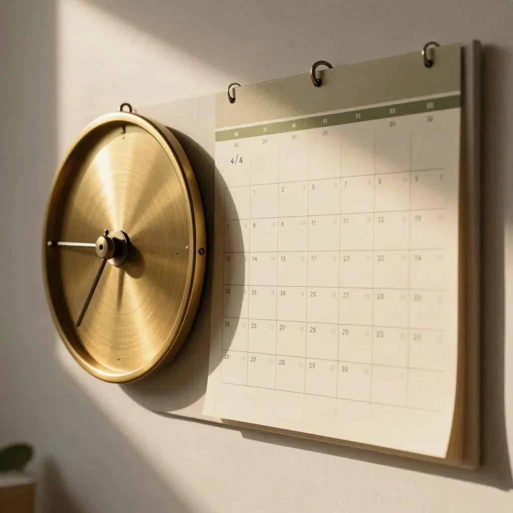 Brass kalenderwiel en lege afspraakkaarten op een zachte pinboardwand in warm ochtendlicht.