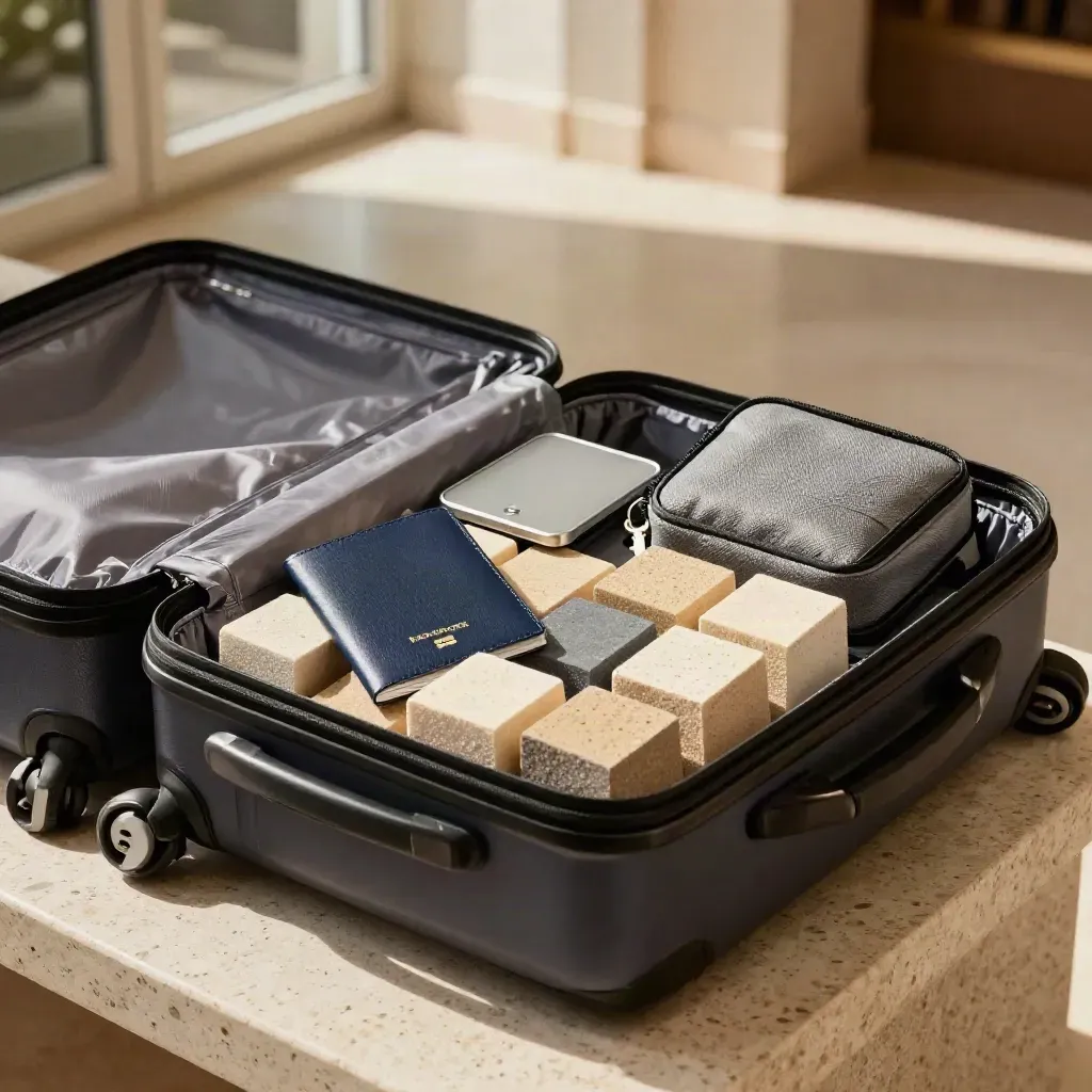 Open koffer met packing cubes, paspoorthouder, bagageweger en reistas op een stenen bank.