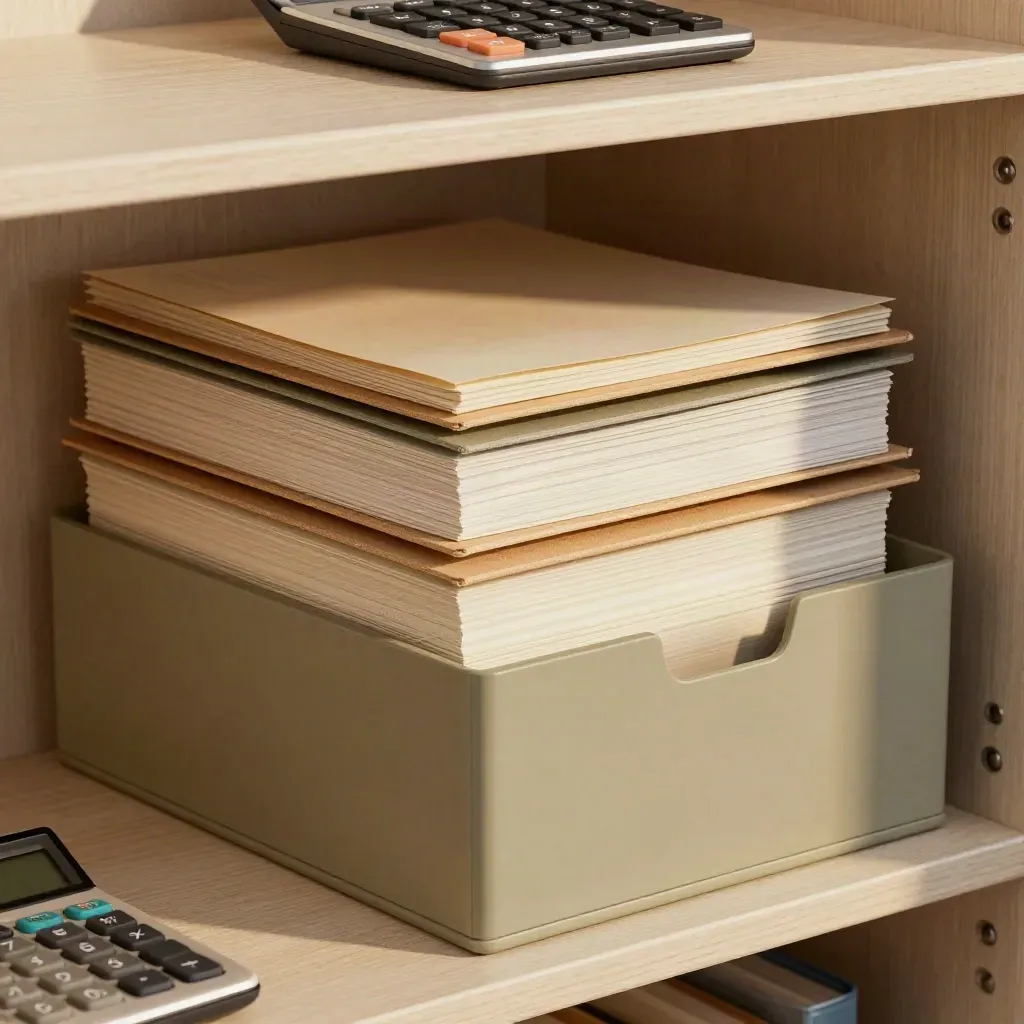 Archiefdividers, rekenmachine en papiergewicht op licht hout in zacht zandkleurig licht.