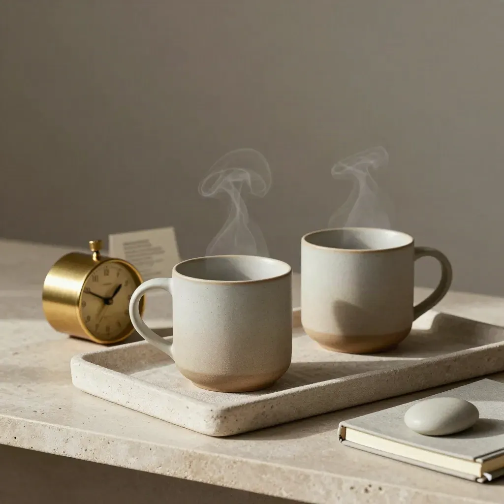 Twee keramische kopjes, een brass timer en een stenen notitieblok op een linnen tray.