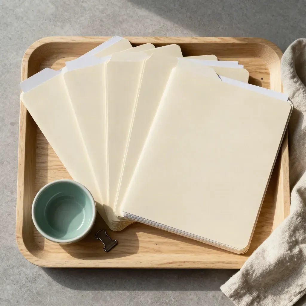 Drie mappen, clipstapel, sorteerkom en linnen doek op een eiken tray