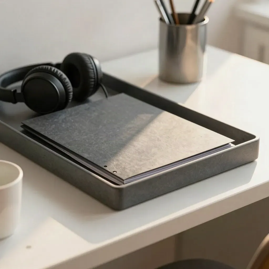 Halflege inboxbak met headset en map op een lichte console, rustig kantoorinterieur.