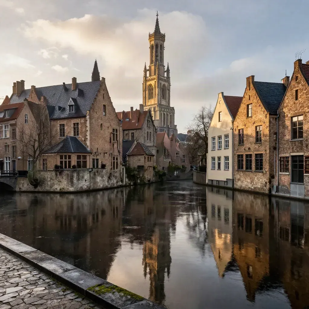 Utrechtse grachten met de Domtoren in nat water, na een regenbui met zacht licht.
