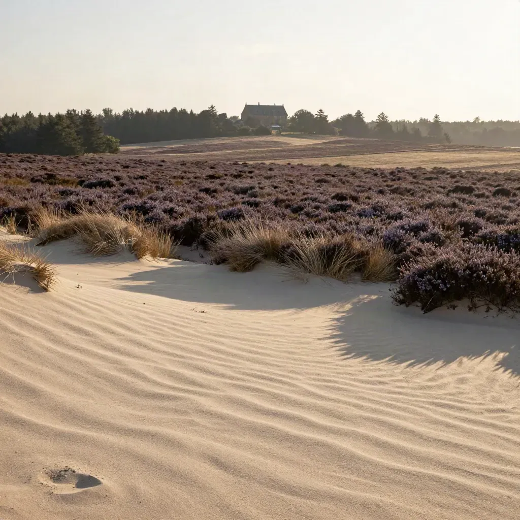 Veluwe-heide met zandhelling en verre villa boven de bomen in warm licht