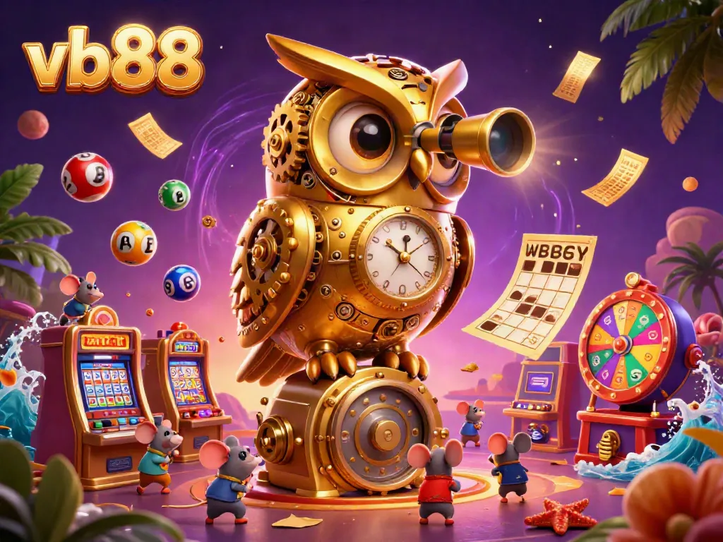 Experience vb88's vibrant casino scene where a 3D golden owl surveys animated mouse patrons and dynamic lottery elements.