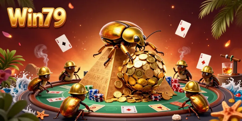 Engage with thrilling gameplay at Win79 in this dynamic 3D illustration featuring iconic casino elements.