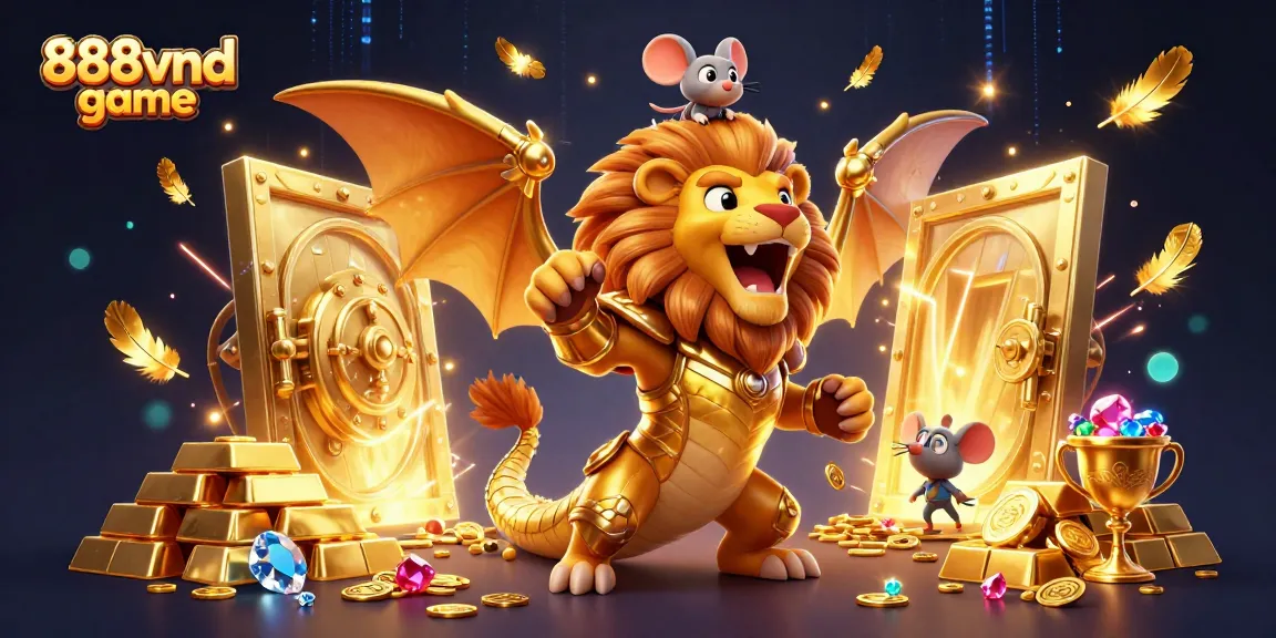 Engage in the thrilling 888vnd game with a stunning golden chimera creature and treasure elements.