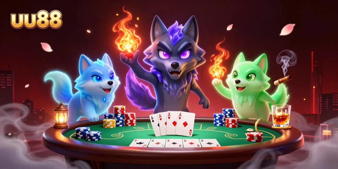 Engage with UU88 at an exciting poker game featuring a shadow wolf pack and vibrant casino elements