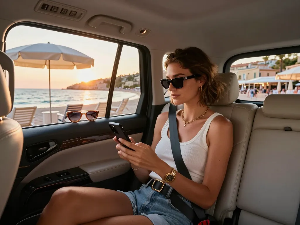 Taxi Saint-Tropez avec un voyageur dans une voiture luxueuse, mettant en avant une tenue de plage chic et des vues côtières pittoresques.