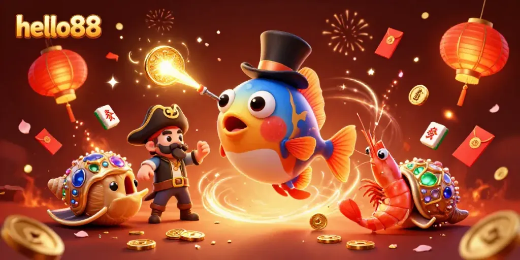 Engage with hello88's thrilling casino experience featuring a lively scene of unique underwater characters.