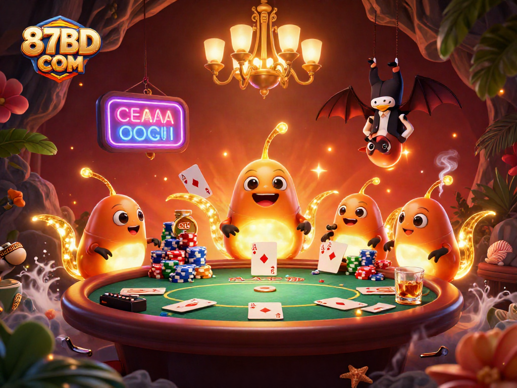 Experience the excitement at 87BD COM with a vibrant, lively casino scene featuring bioluminescent glowworms.