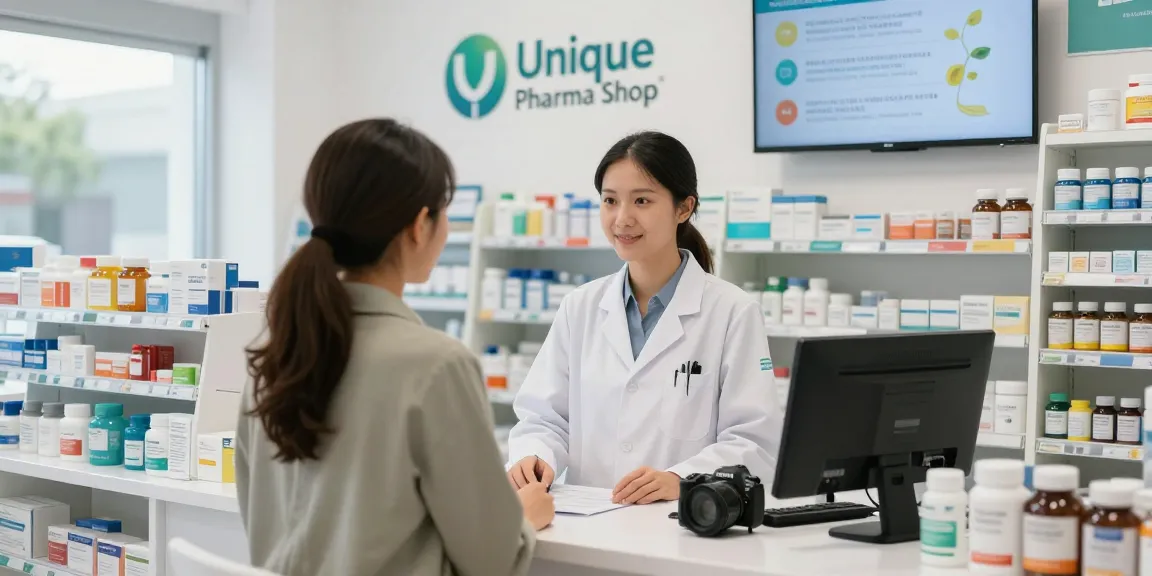 Klantenservice en productassortiment bij Unique Pharma Shop in een moderne apotheek.