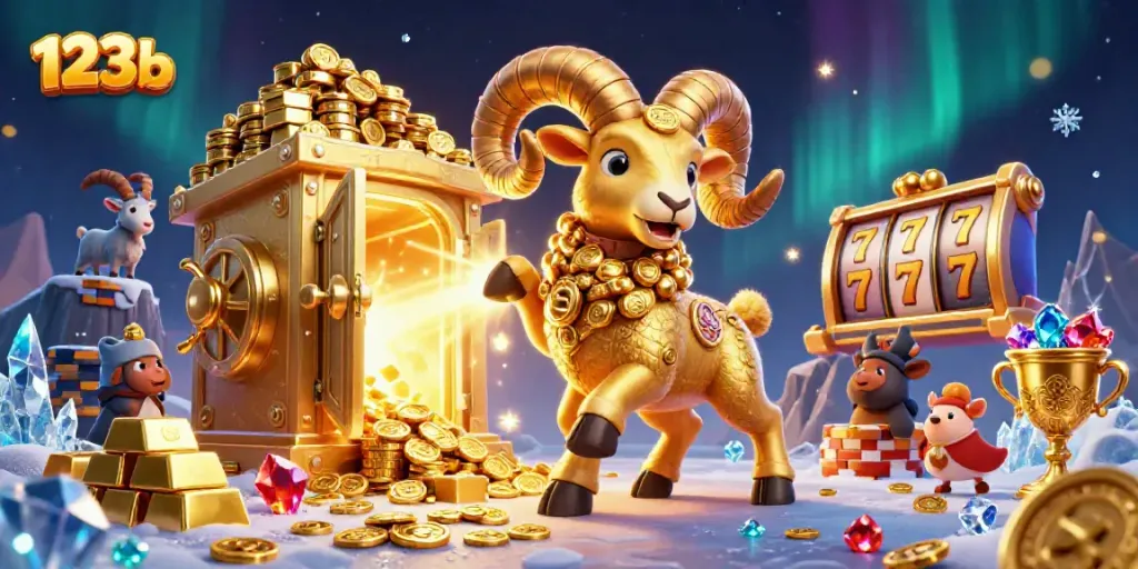 Engage with the exciting casino atmosphere of 123b featuring a majestic golden ram alongside vibrant slot elements.