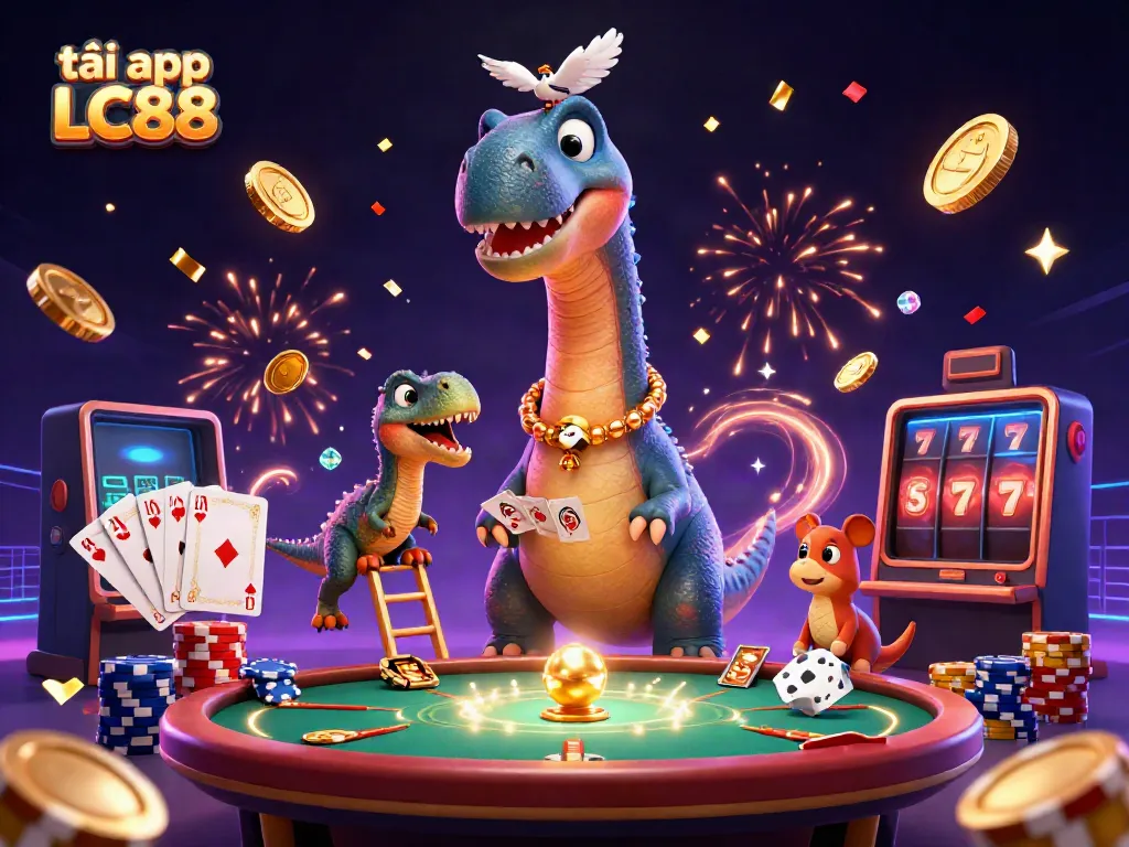 Experience excitement and win big with tải app LC88, featuring a giant brontosaurus and raptor in a vibrant casino scene.