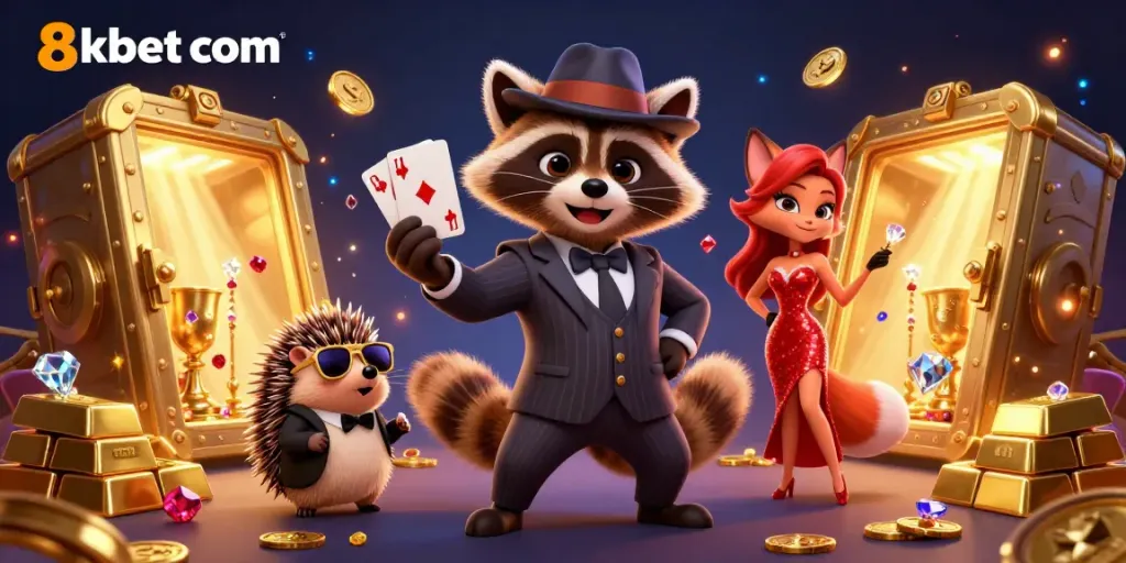 Experience thrilling gameplay at 8xbet com with a charismatic raccoon and fox in a captivating casino scene.
