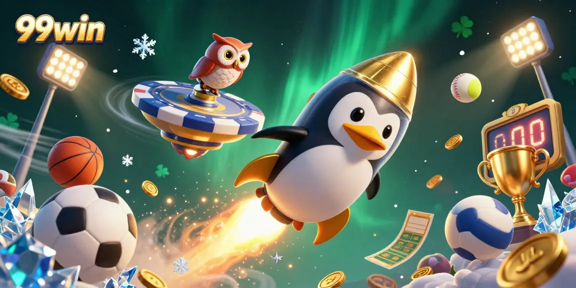Engage with 99win's colorful 3D casino experience featuring dynamic sports elements and golden rewards.