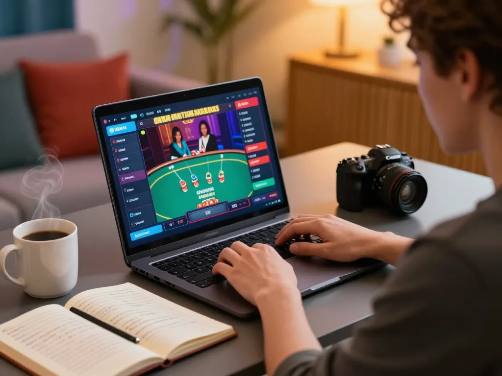 Player engaged in online casino game on laptop screen at home, exploring strategies with uk88in platform