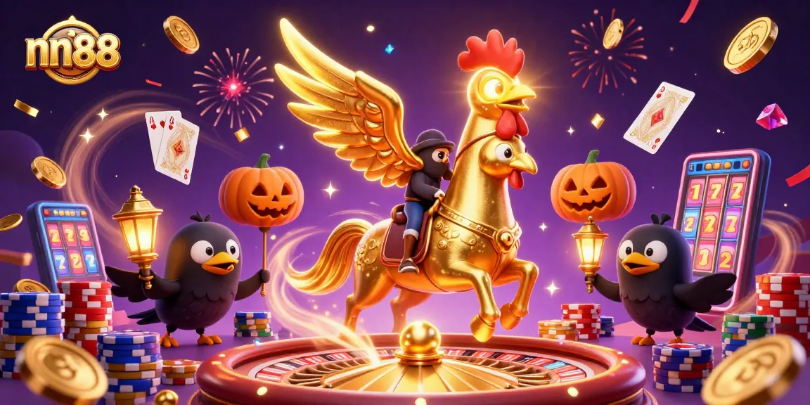 Join the excitement at nn88 as the golden rooster rides through a vibrant casino, surrounded by riches!
