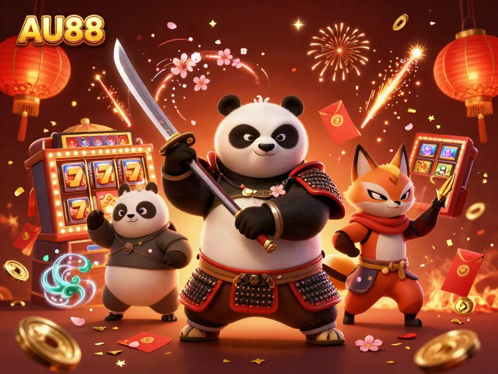 Experience the thrill of AU88 with playful samurai and fox amidst vibrant casino elements.