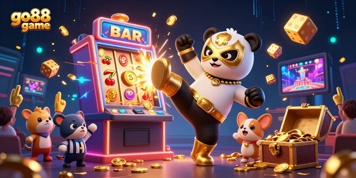 Experience the excitement of the go88 game with a vivid illustration of a panda wrestler amid a dynamic casino scene.