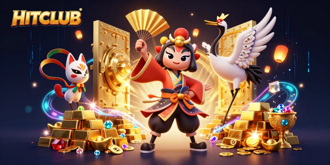 Engage in exciting gameplay at HITCLUB with a vibrant 3D casino illustration filled with treasures.