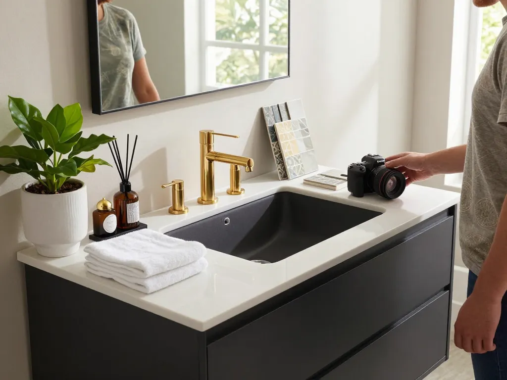 Moderne badkamer outlet met stijlvolle wastafel, tegels en accessoires die elegantie en design laten zien.