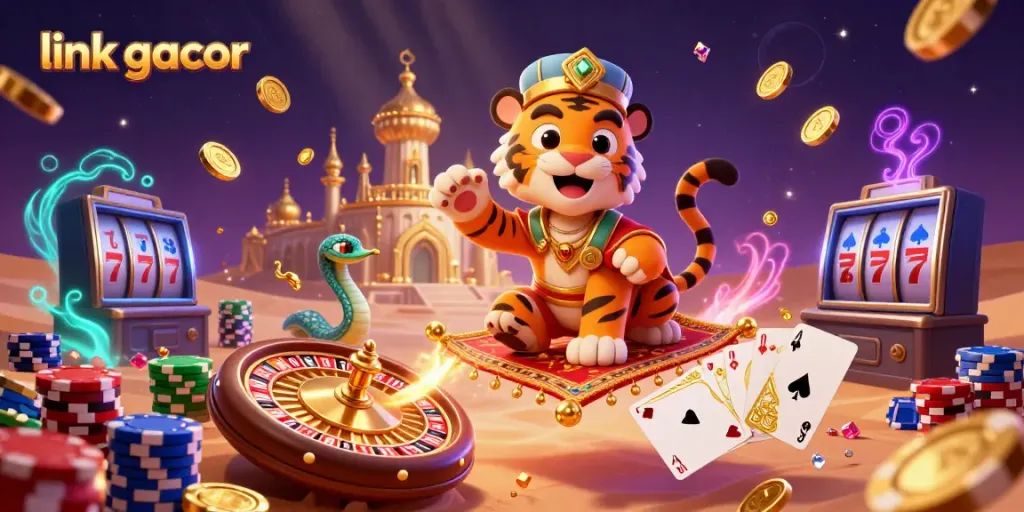 Experience the magic of link gacor with an Arabian Nights-themed online casino showcase featuring vibrant elements and rich details.