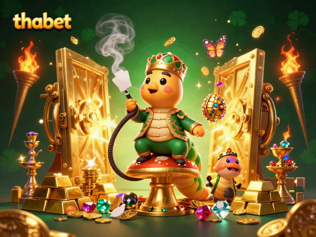 Experience vibrant poker excitement with Thabet's colorful casino illustration showcasing playful characters in a rich treasure scene.