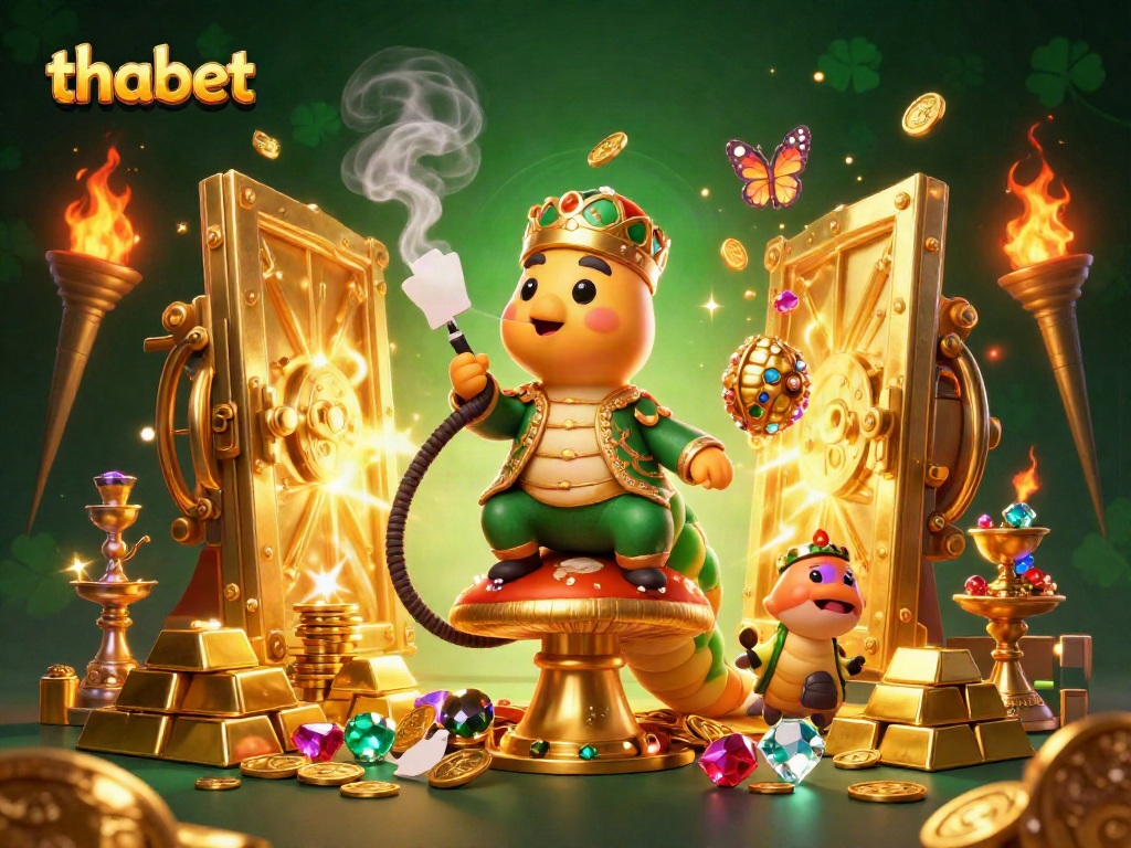 Experience vibrant poker excitement with Thabet's colorful casino illustration showcasing playful characters in a rich treasure scene.