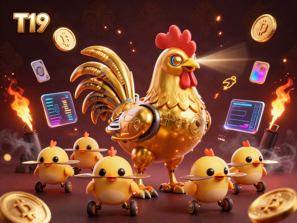 Engaging scene depicting T19's festive, futuristic casino with a golden rooster robot character and vibrant crypto elements.