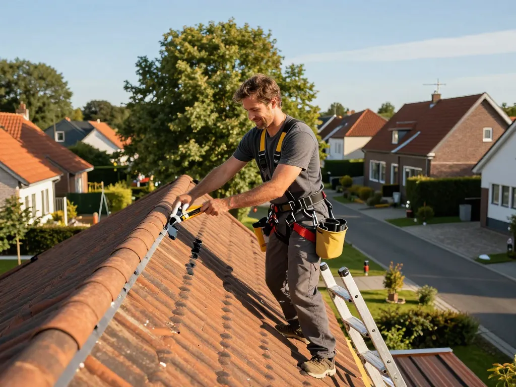 Aanpak van daklekkage Harderwijk met deskundige dakdekker die een woonhuisdaksysteem inspecteert op lekkages.