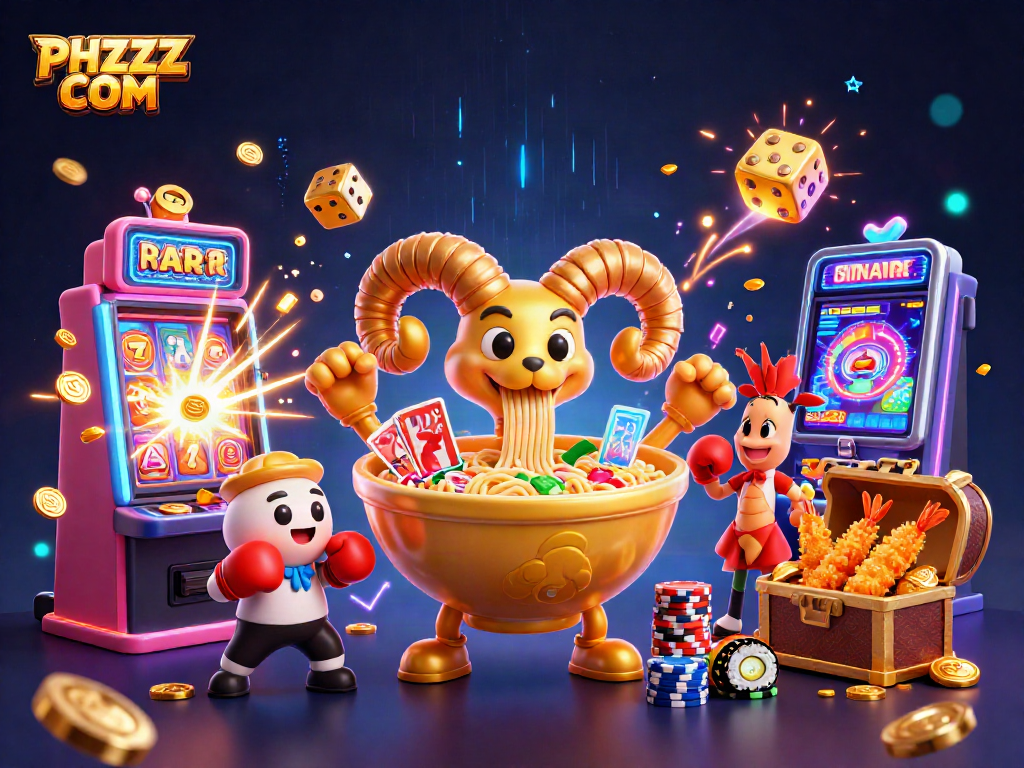 Join the fun at PHZZZ COM with a vibrant 3D illustration of a casino-themed ramen bowl extravaganza.