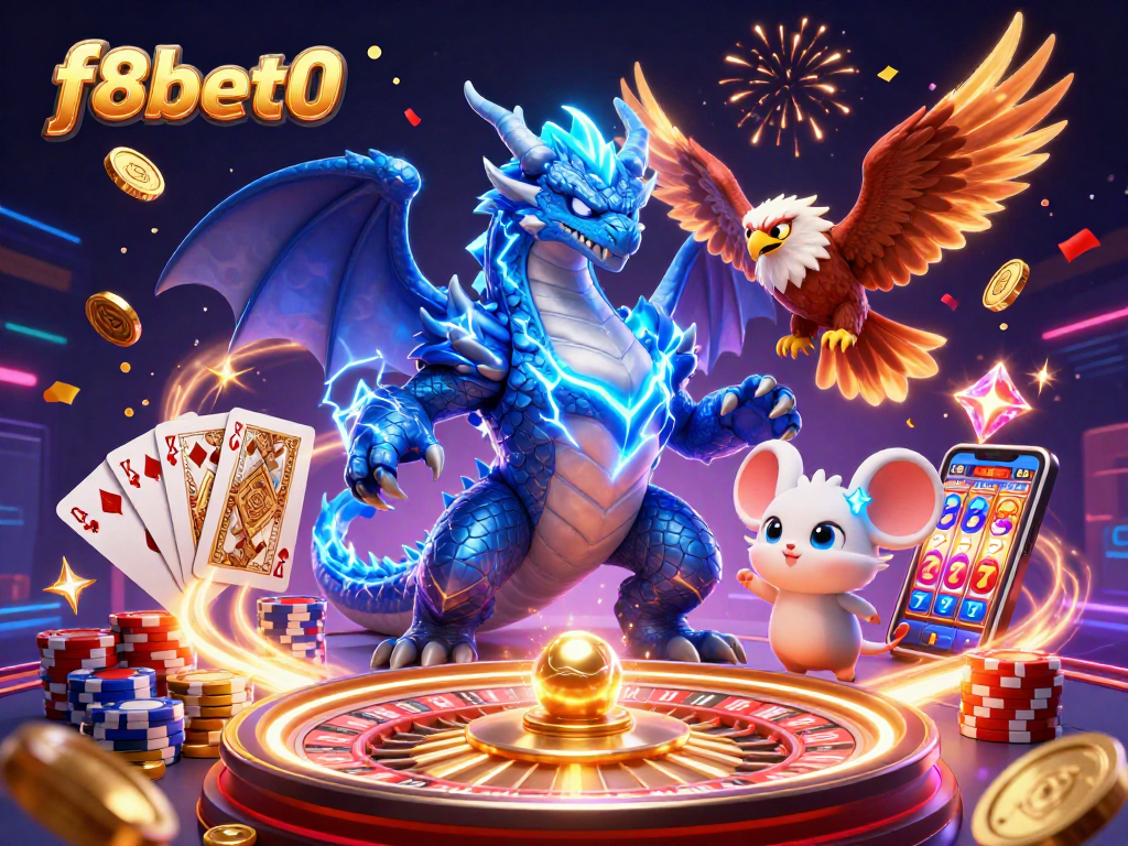 Win big with f8bet0 in this vibrant 3D casino illustration showcasing thrilling game elements.