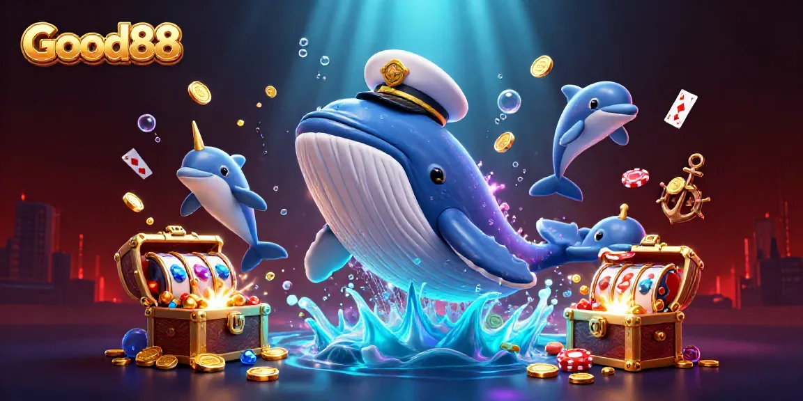 Experience the excitement of Good88 with a vibrant underwater casino scene featuring playful characters and dynamic gaming elements.