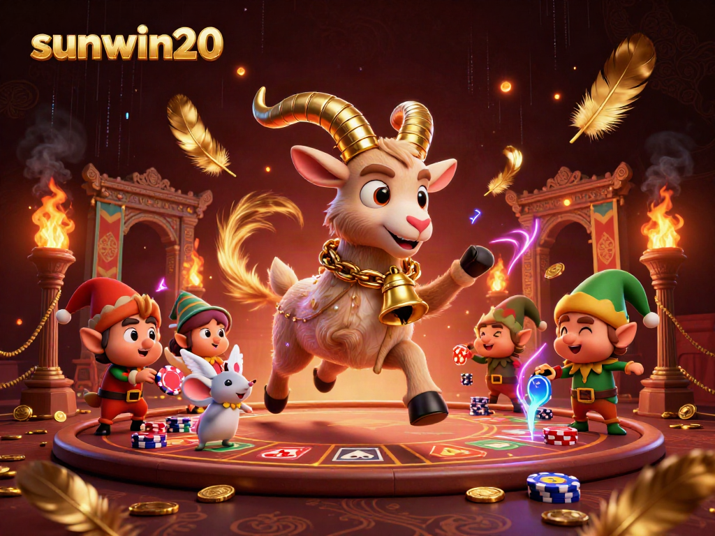 Engage with sunwin20 in a vibrant, packed casino scene featuring a Krampus goat, angel mouse, and mischievous elf gremlins.